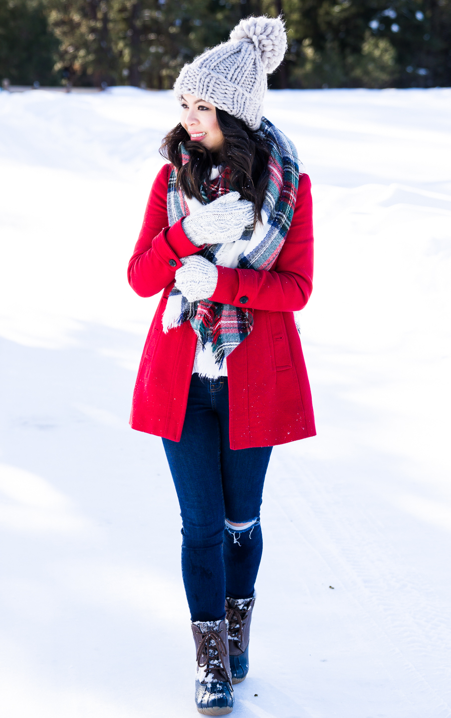 How to make duck boots look cute, plaid blanket scarf, pom pom beanie, cute winter outfit, petite fashion blog