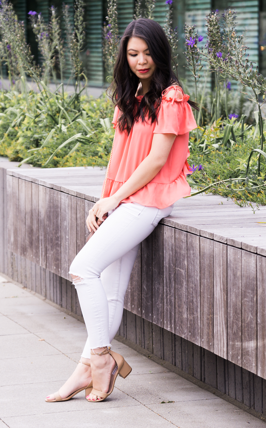 Ruffle off the shoulder top, white jeans, cute summer outfit, petite fashion blog, Seattle fashion blogger