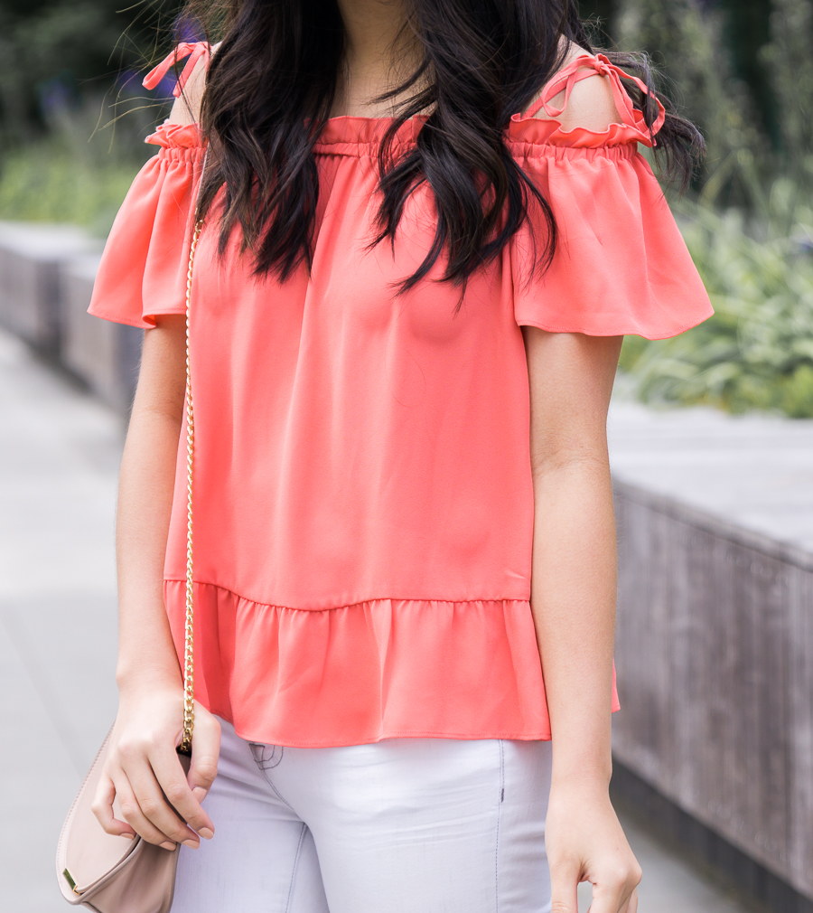 Ruffle off the shoulder top, white jeans, cute summer outfit, petite fashion blog, Seattle fashion blogger