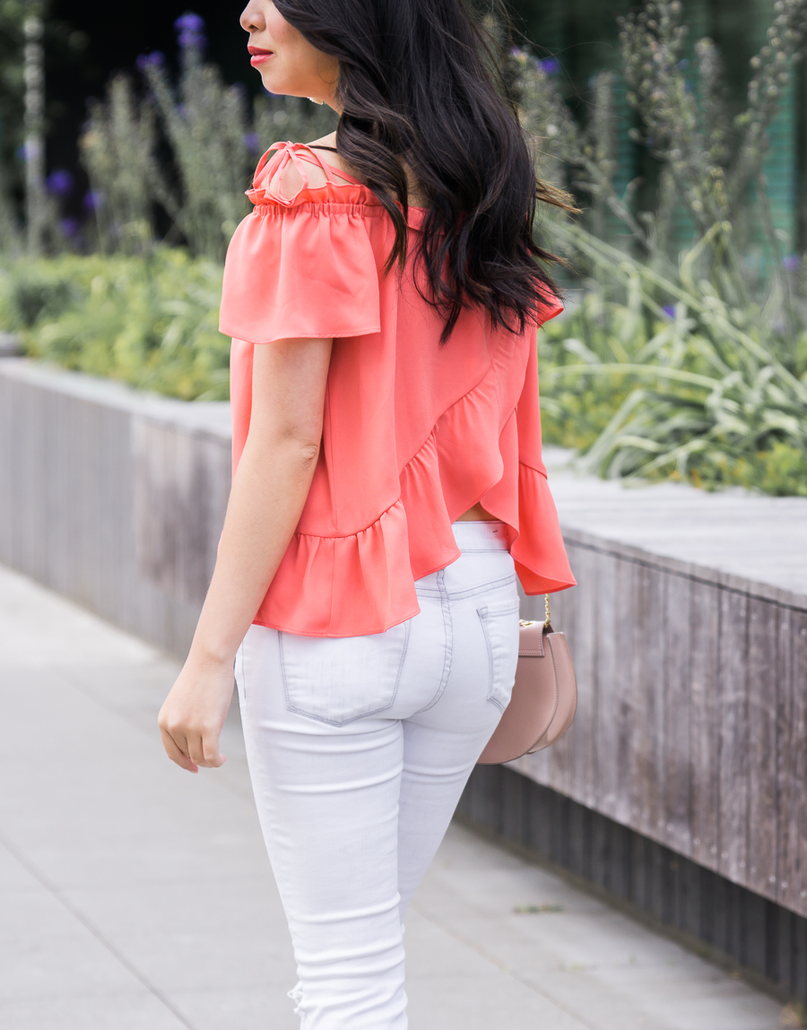 Ruffle off the shoulder top, white jeans, cute summer outfit, petite fashion blog, Seattle fashion blogger