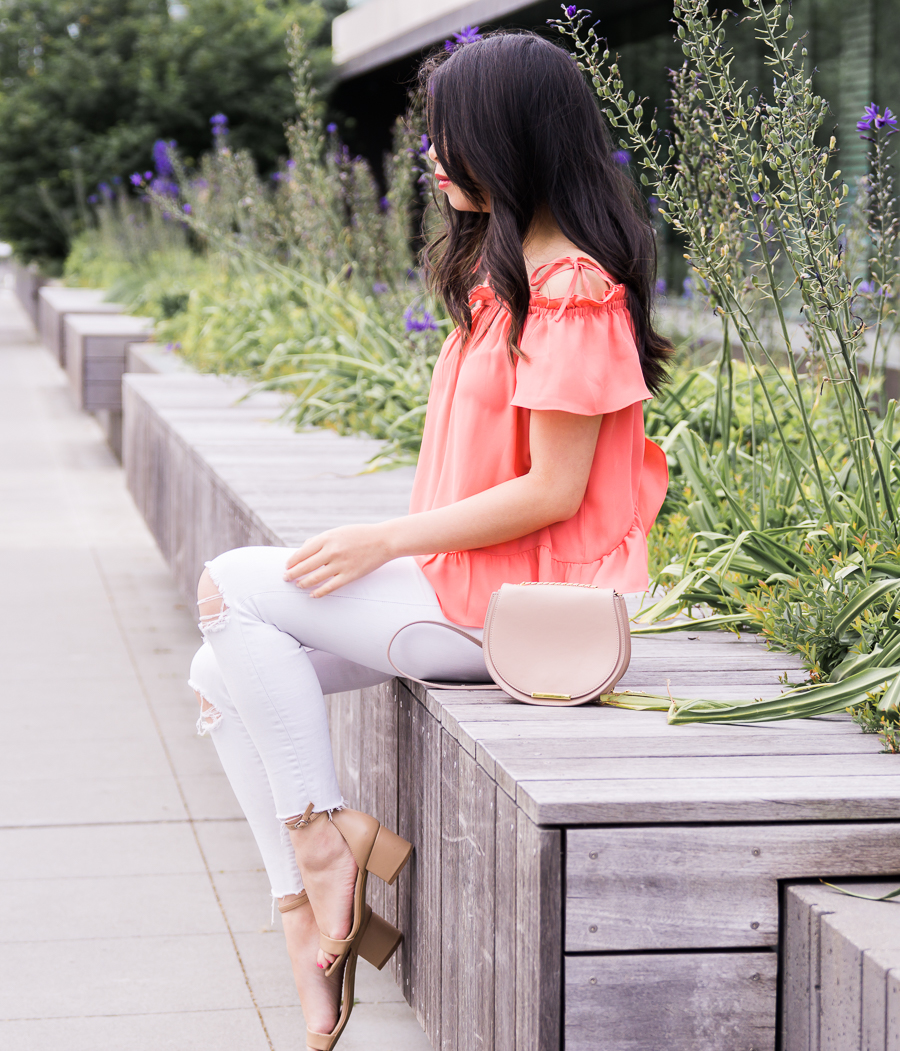 Ruffle off the shoulder top, white jeans, cute summer outfit, petite fashion blog, Seattle fashion blogger