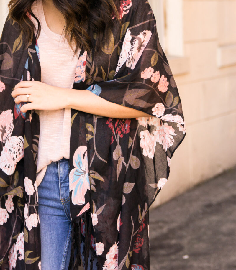 Dark floral kimono outfit with ripped jeans and booties, fall fashion, Kohl's junior department back to school fashion, Seattle fashion blogger