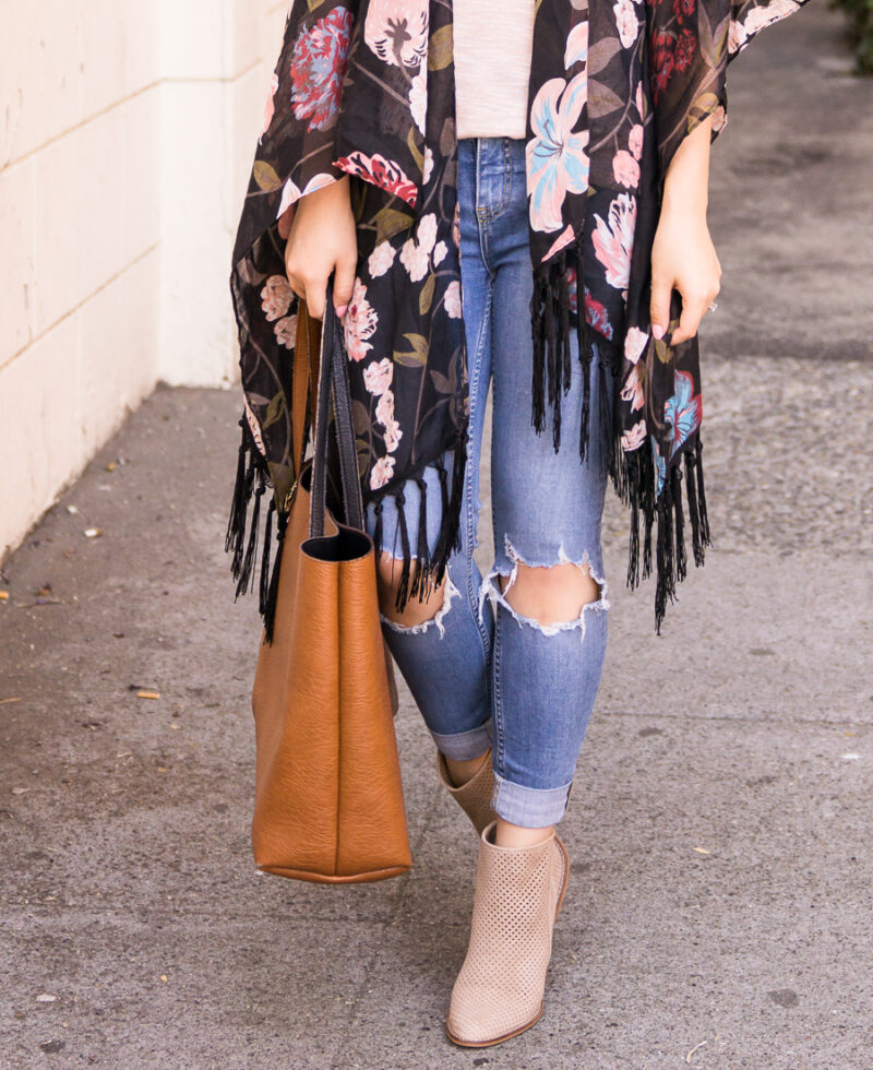 Dark floral kimono outfit with ripped jeans and booties, fall fashion, Kohl's junior department back to school fashion, Seattle fashion blogger