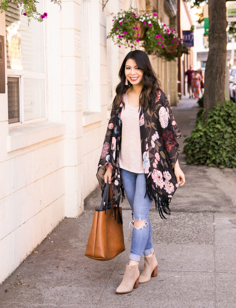 Dark floral kimono outfit with ripped jeans and booties, fall fashion, Kohl's junior department back to school fashion, Seattle fashion blogger