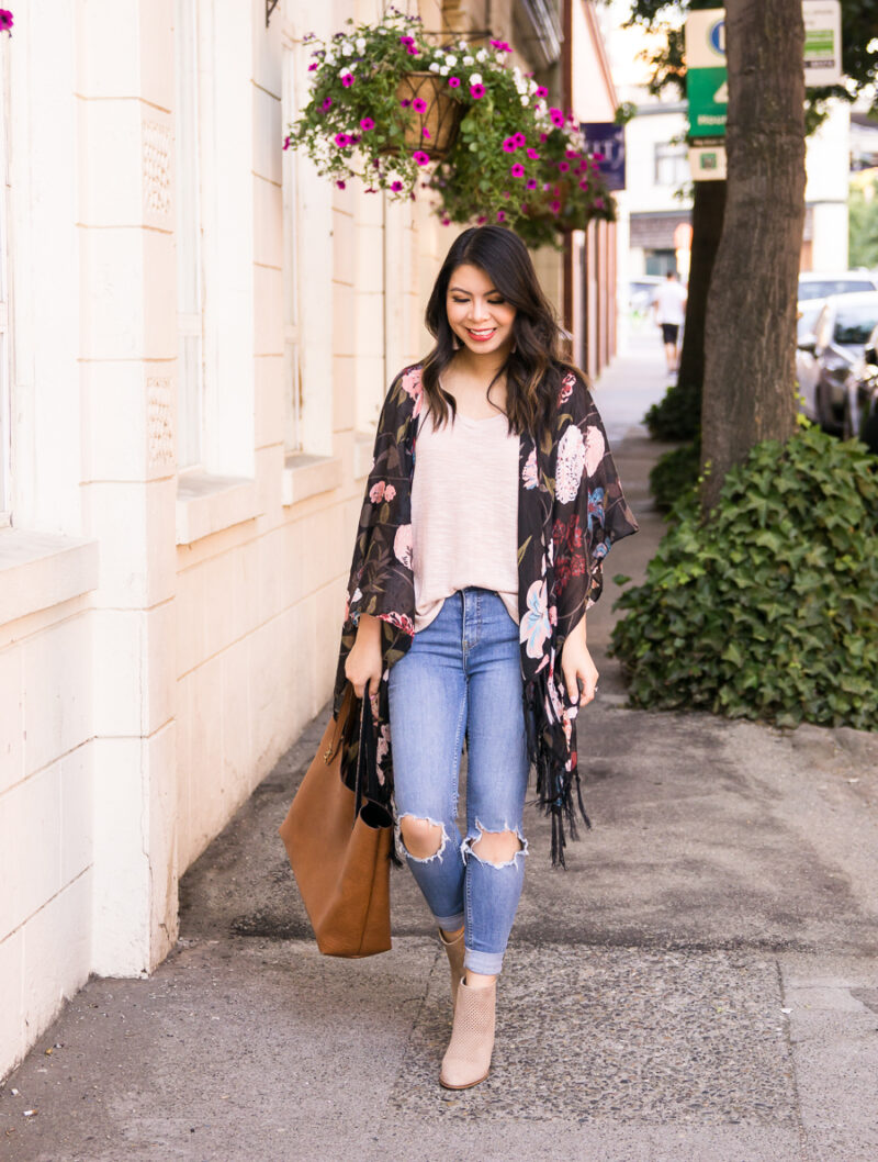 Dark floral kimono outfit with ripped jeans and booties, fall fashion, Kohl's junior department back to school fashion, Seattle fashion blogger