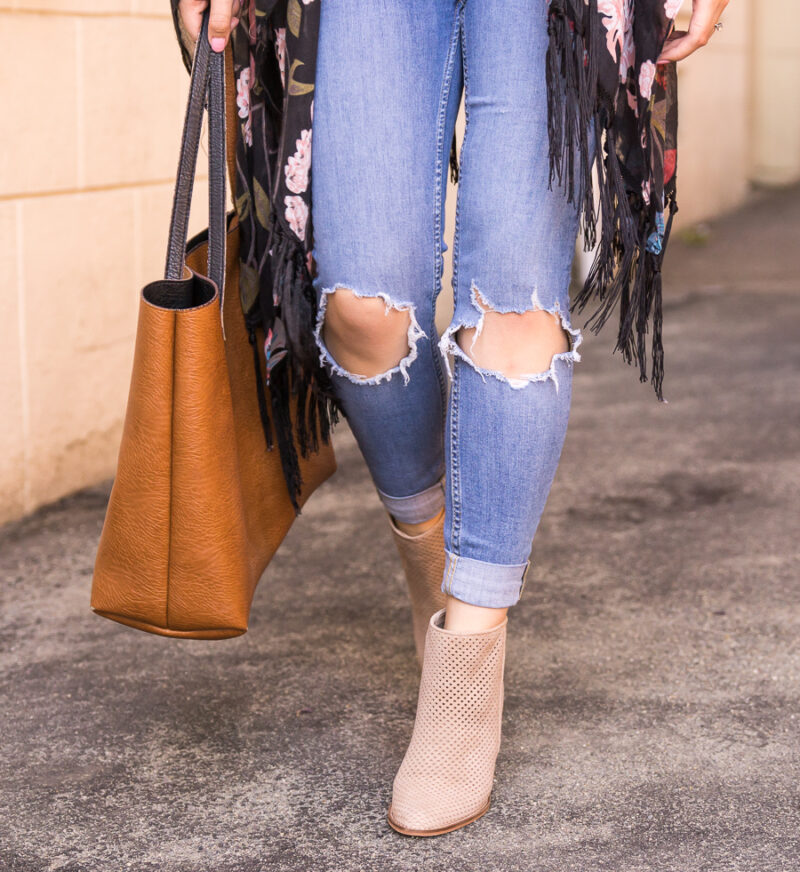 Dark floral kimono outfit with ripped jeans and booties, fall fashion, Kohl's junior department back to school fashion, Seattle fashion blogger