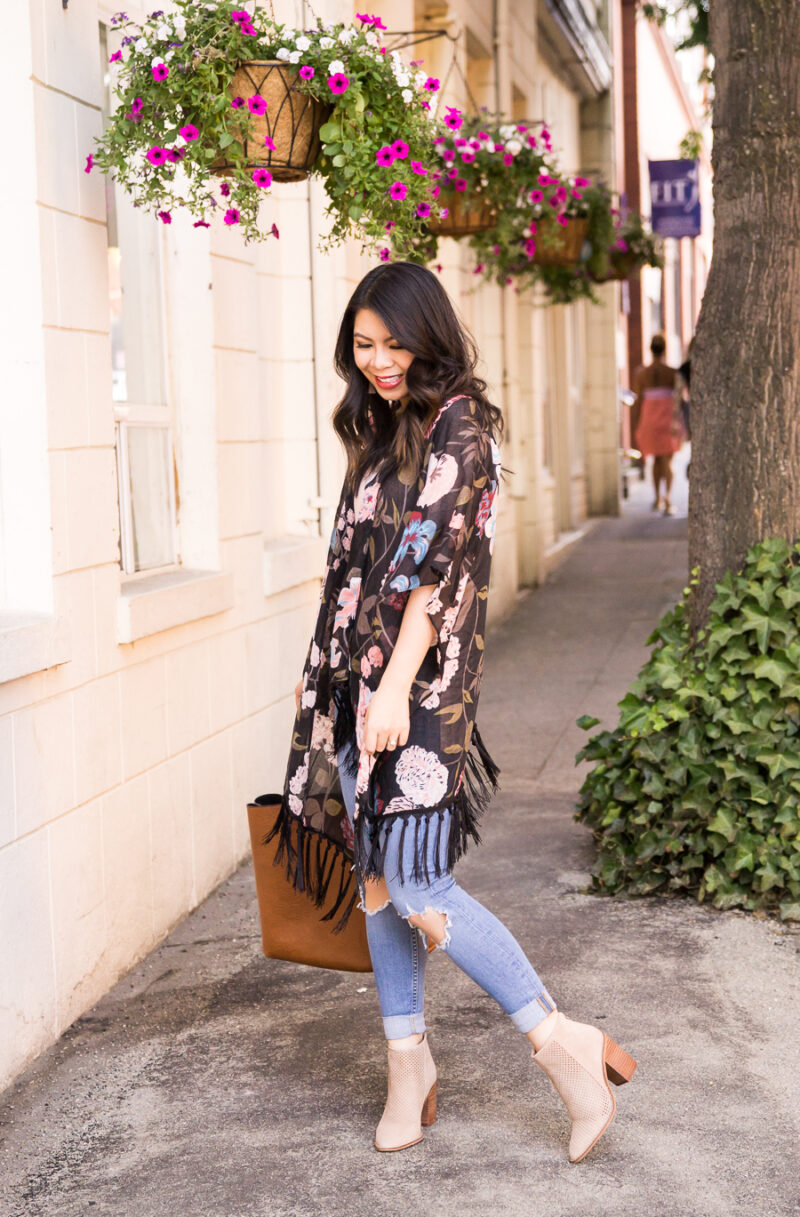 Dark floral kimono outfit with ripped jeans and booties, fall fashion, Kohl's junior department back to school fashion, Seattle fashion blogger