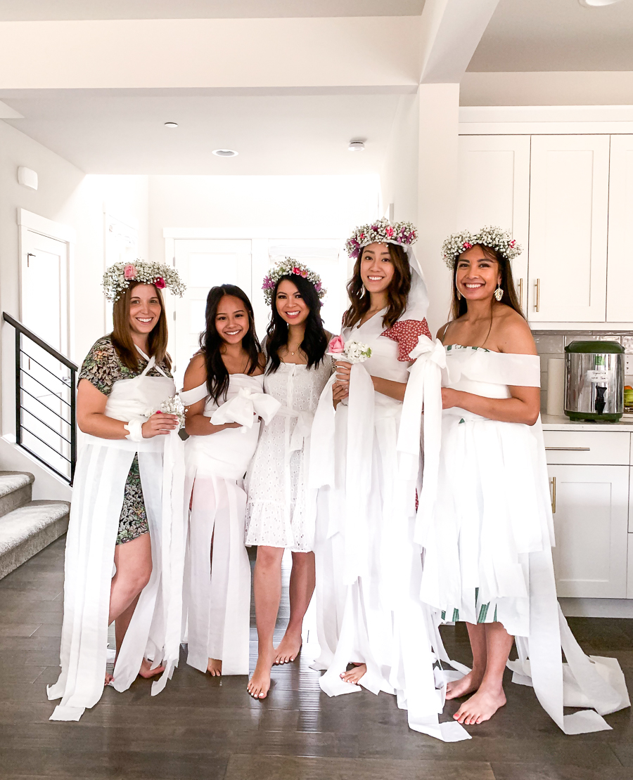 Bridal shower activity, bridal shower game, bridal shower wedding dress game, toilet paper wedding dresses and flower crowns