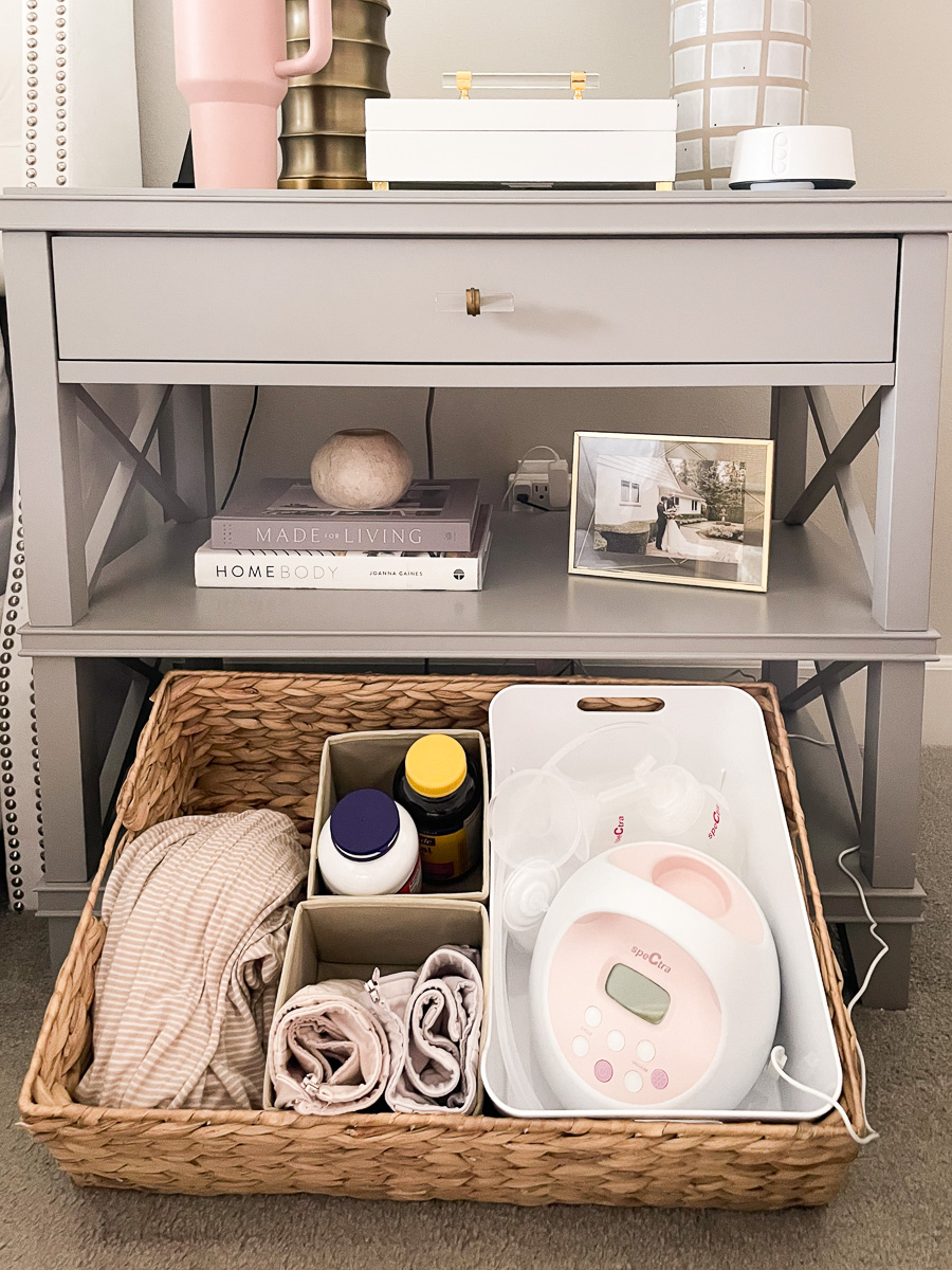 breast pumping station using nightstand, nightstand organization, pumping bras, spectra s2 plus pump