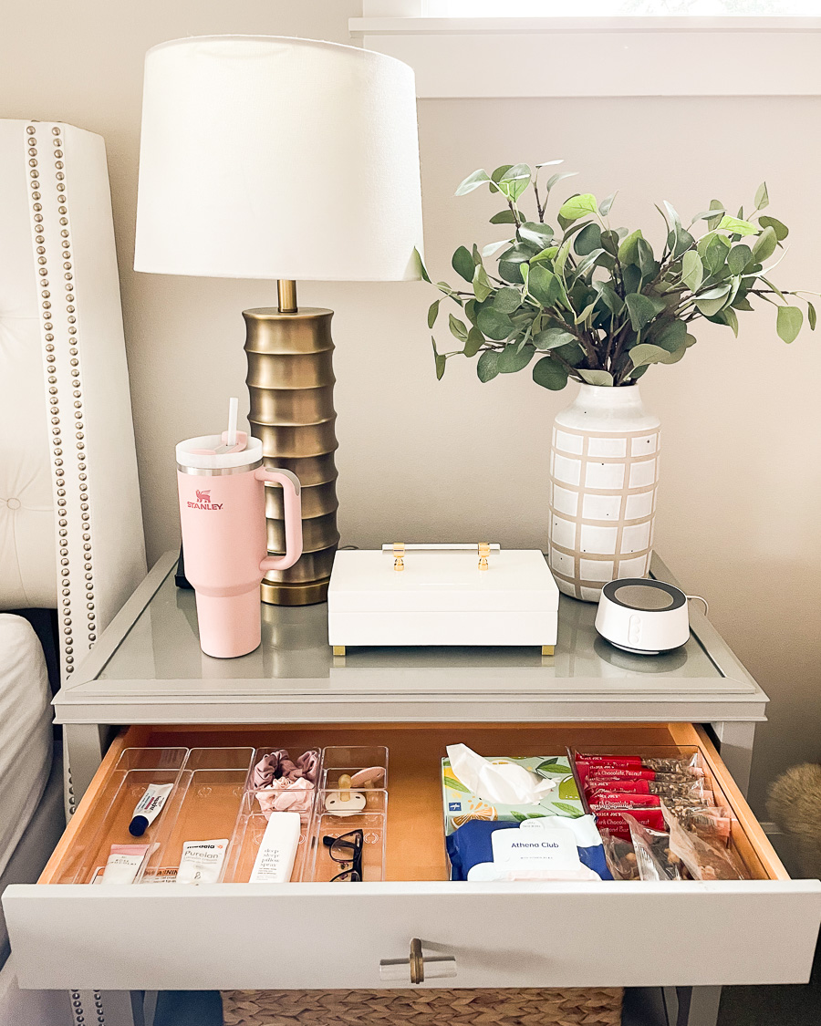 breast pumping station using nightstand, nightstand organization
